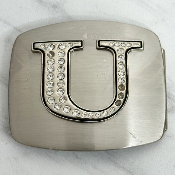 Rhinestone Studded U Letter Initial Monogram Silver Tone Belt Buckle - Picture 1 of 9